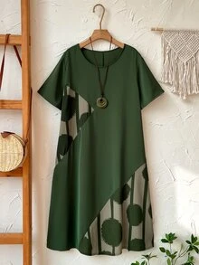 Rusticease Plus Size Women Geometric Pattern Round Neck Short Sleeve Casual Traditional Whimsical Loose Dress For Summer/Vacation Green Airport Bussines - Green - View 6