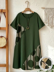Rusticease Plus Size Women Geometric Pattern Round Neck Short Sleeve Casual Traditional Whimsical Loose Dress For Summer/Vacation Green Airport Bussines - Green - View 7