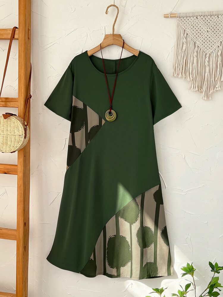 Rusticease Plus Size Women Geometric Pattern Round Neck Short Sleeve Casual Traditional Whimsical Loose Dress For Summer/Vacation Green Airport Bussines - Green - View 3