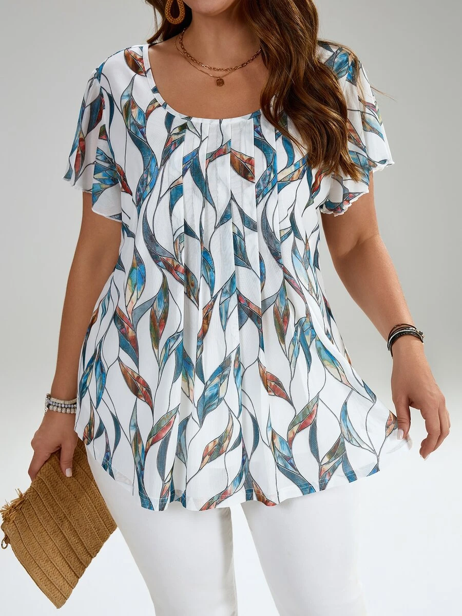 EMERY ROSE Plus Size Women Summer Short Sleeve Floral Print Shirt Tunic Blouse,Indigo Blue White Boho Holiday Vacation Outfits,Simple Fashionable Everyday Wear