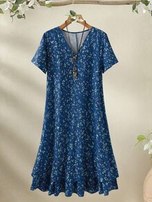 Rusticease 大尺碼女款淺藍色花卉印花短袖洋裝，夏季波希米亞度假休閒穿搭，鄉村風早春正式款 - 彩色 - 查看 6