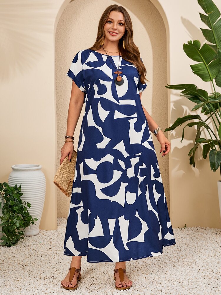 EMERY ROSE Women's Navy Blue Printed Round Neck Short Sleeve Maxi Dress,Summer Boho Vacation Holiday Outfits,Floral Blue And White Casual Spring Resort Wear - Multicolor - View 7