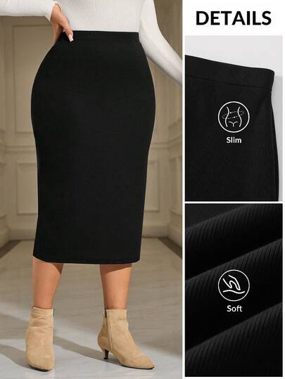 EMERY ROSE Plus Size Women Casual Black Minimalist Long Skirt New Year Elegant Skirt Cozy Fall,Spring