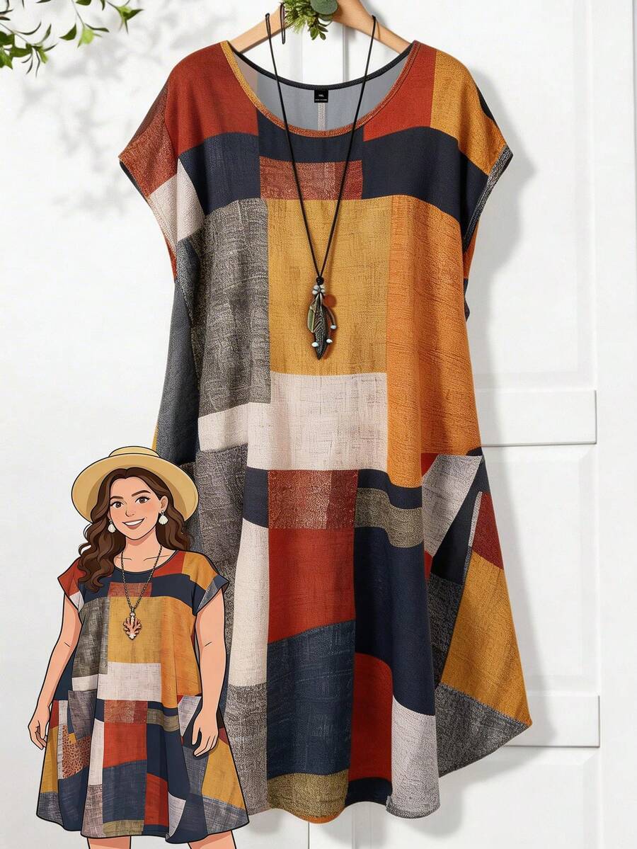 Rusticease Plus Size Yellow Autumn Boho Vacation Holiday Colorblock Print Casual Spring Dress For Women,Country Style Beach Outfits Seaside Retro Clothing - Multicolor - View 1