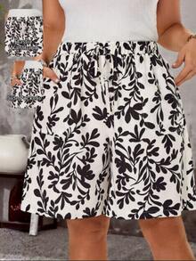 EMERY ROSE Plus Size Women's Black And White Floral Print Shorts, Drawstring Waist Slant Pocketed Boho Vacation Holiday Summer - Multicolor - View 11