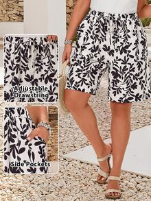 EMERY ROSE Plus Size Women's Black And White Floral Print Shorts, Drawstring Waist Slant Pocketed Boho Vacation Holiday Summer - Multicolor - View 10