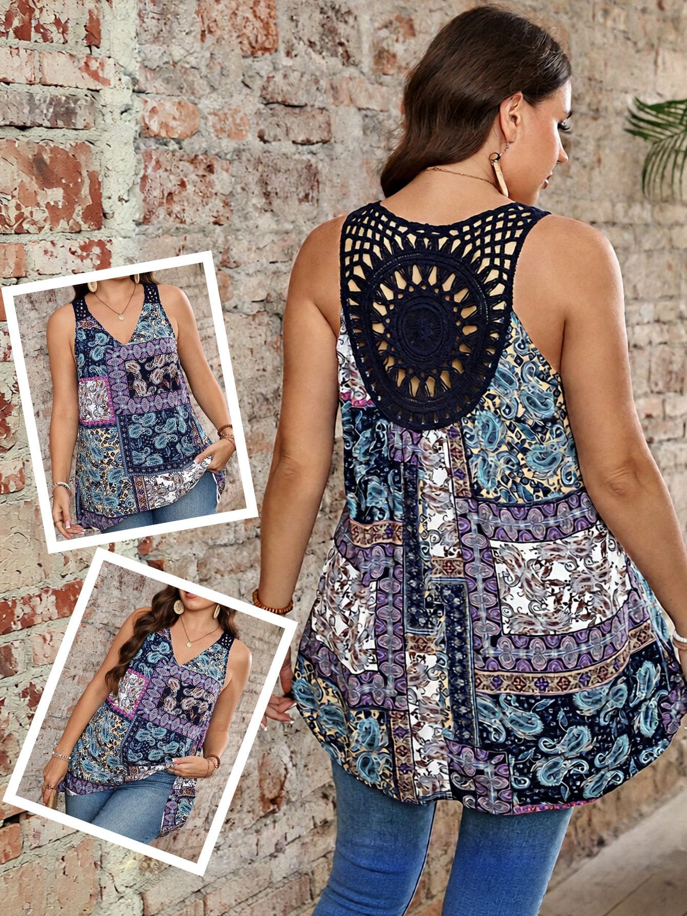 Plus Size Women's Printed Lace Patchwork Tank Top,Summer Outfits,Vacation Outfits Women Summer Outfits For Women Vacation Outfits Navy Blue Boho