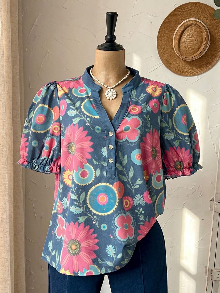 Rusticease Plus Size Women's Sky Blue Summer Boho Casual Vacation Floral Print V-Neck Short Sleeve Blouse, Country Loose Fit Vintage, Daily Brunch Formal - Multicolor - View 4