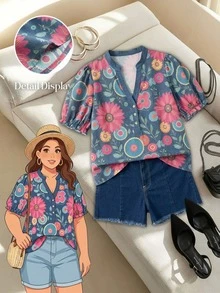 Rusticease 大尺碼女款天藍色夏季波西米亞休閒度假花卉印花V領短袖上衣，鄉村風寬鬆版型復古，適合日常早午餐正式場合 - 彩色 - 查看 1