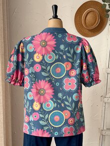Rusticease 大尺碼女款天藍色夏季波西米亞休閒度假花卉印花V領短袖上衣，鄉村風寬鬆版型復古，適合日常早午餐正式場合 - 彩色 - 查看 2