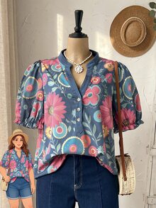 Rusticease 大尺碼女款天藍色夏季波西米亞休閒度假花卉印花V領短袖上衣，鄉村風寬鬆版型復古，適合日常早午餐正式場合 - 彩色 - 查看 10