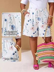 EMERY ROSE Plus Size Summer Floral Print Drawstring Waist Slant Pocket Shorts , Beach Summer For Women - White - View 4