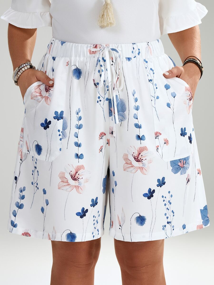 EMERY ROSE Shorts de verano con estampado floral, cintura con cordón y bolsillos oblicuos, talla grande, para mujer, estilo playa - Blanco - Ver 1