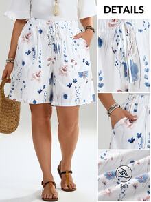 EMERY ROSE Plus Size Summer Floral Print Drawstring Waist Slant Pocket Shorts , Beach Summer For Women - White - View 8