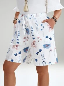 EMERY ROSE Plus Size Summer Floral Print Drawstring Waist Slant Pocket Shorts , Beach Summer For Women - White - View 6