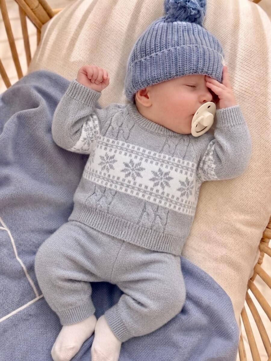 SHEIN Baby Boy Geometric Pattern Raglan Long Sleeve Sweater And Knit Pants Casual Set Autumn Fall - Multicolor - View 1