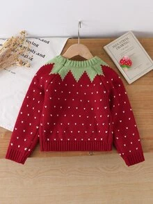SHEIN 女童鴨子刺繡可愛簡約日常針織套頭毛衣 - 紅色 - 查看 3