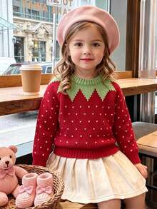 SHEIN 女童鴨子刺繡可愛簡約日常針織套頭毛衣 - 紅色 - 查看 2