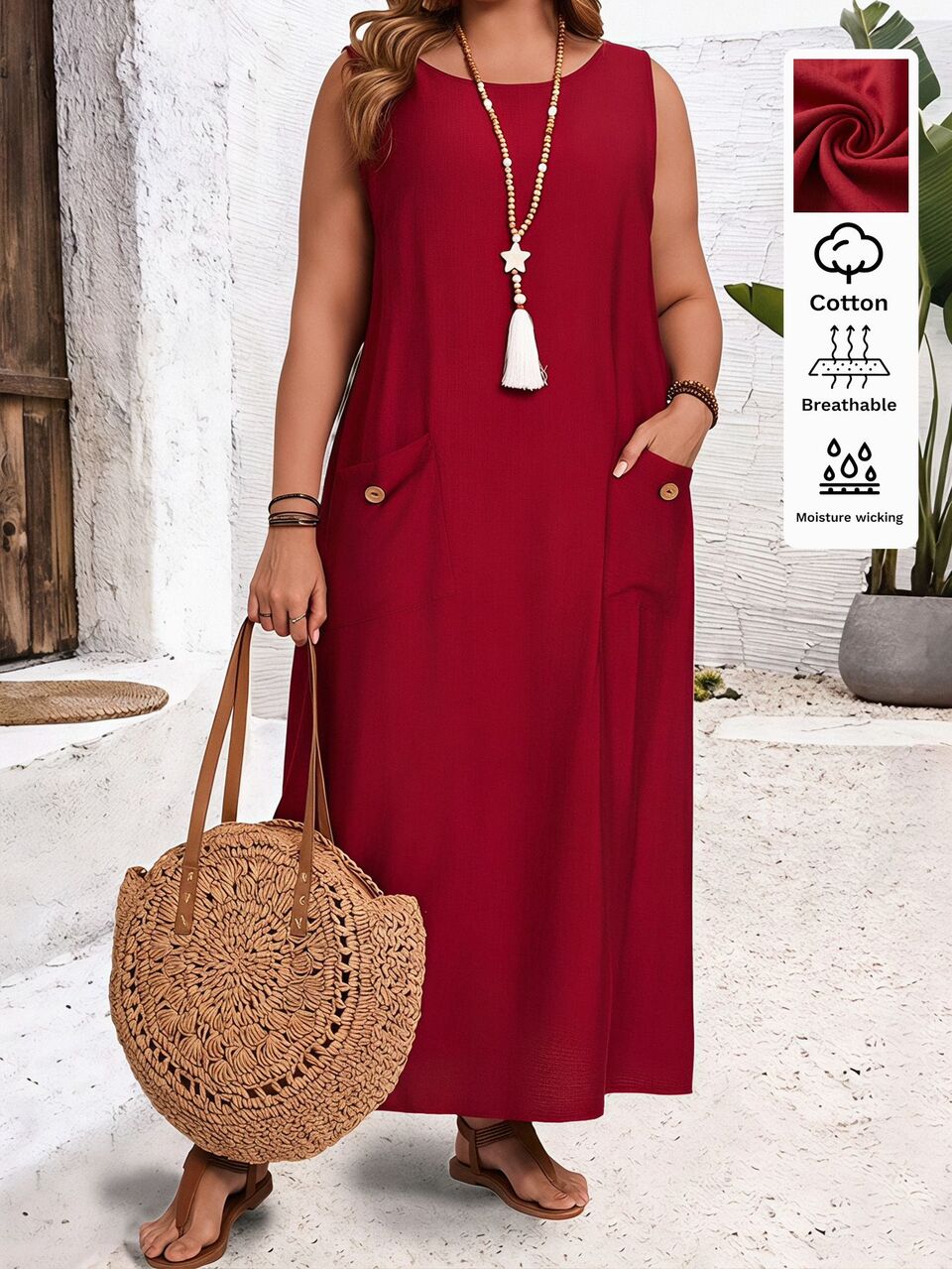 Plus Size Women Solid Color Sleeveless Casual Traditional Boho Shift Dress With Pockets,Spring/Summer/Vacation Vacation Red