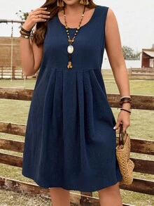 EMERY ROSE Plus Size Women's Navy Blue Pleated Sleeveless Casual Soft Form Dresses, Summer Boho Vacation Holiday Outfits, Country Everyday Wear, Spring - Blue - View 6