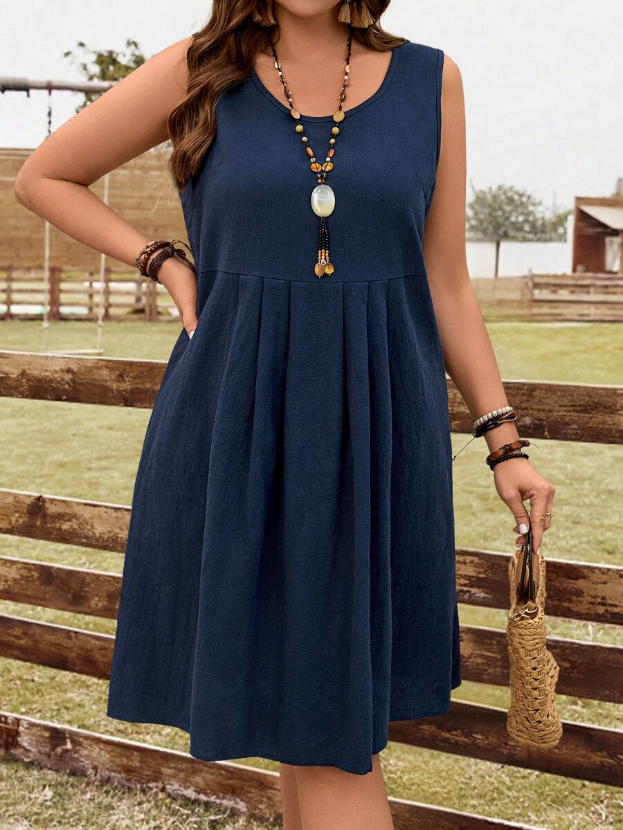 EMERY ROSE Plus Size Women's Navy Blue Pleated Sleeveless Casual Soft Form Dresses, Summer Boho Vacation Holiday Outfits, Country Everyday Wear, Spring - Blue - View 1