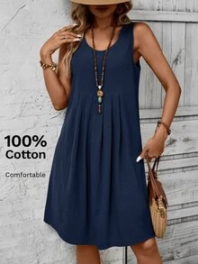EMERY ROSE Plus Size Women's Navy Blue Pleated Sleeveless Casual Soft Form Dresses, Summer Boho Vacation Holiday Outfits, Country Everyday Wear, Spring - Blue - View 3