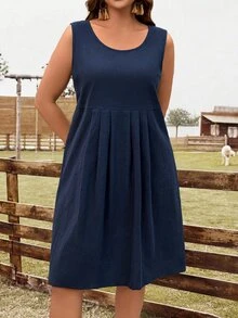 EMERY ROSE Plus Size Women's Navy Blue Pleated Sleeveless Casual Soft Form Dresses, Summer Boho Vacation Holiday Outfits, Country Everyday Wear, Spring - Blue - View 7