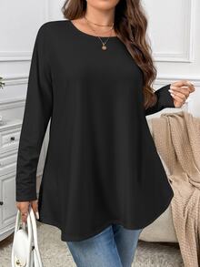 Firerie Plus Size Elegant Soft Form Casual Loose Long Sleeve Round Neck Solid Color Basic Umbrella Hem T-Shirt, Suitable For Homewear And Vacation - Black - View 5