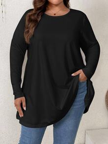 Firerie Plus Size Elegant Soft Form Casual Loose Long Sleeve Round Neck Solid Color Basic Umbrella Hem T-Shirt, Suitable For Homewear And Vacation - Black - View 8