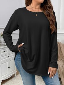 Firerie Plus Size Elegant Soft Form Casual Loose Long Sleeve Round Neck Solid Color Basic Umbrella Hem T-Shirt, Suitable For Homewear And Vacation - Black - View 4