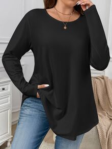 Firerie Plus Size Elegant Soft Form Casual Loose Long Sleeve Round Neck Solid Color Basic Umbrella Hem T-Shirt, Suitable For Homewear And Vacation - Black - View 7