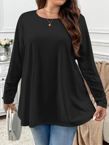 Firerie Plus Size Elegant Soft Form Casual Loose Long Sleeve Round Neck Solid Color Basic Umbrella Hem T-Shirt, Suitable For Homewear And Vacation - Black - View 6