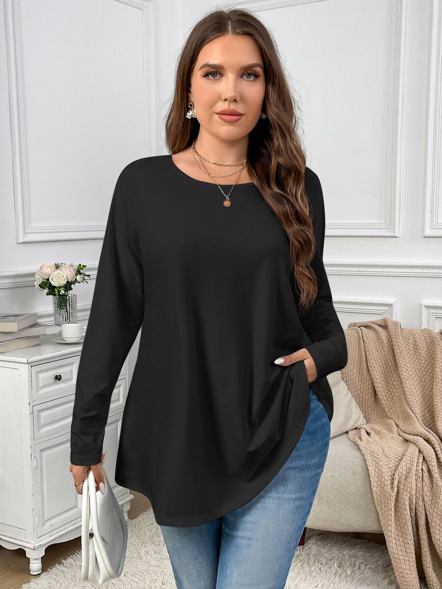 Firerie Plus Size Elegant Soft Form Casual Loose Long Sleeve Round Neck Solid Color Basic Umbrella Hem T-Shirt, Suitable For Homewear And Vacation