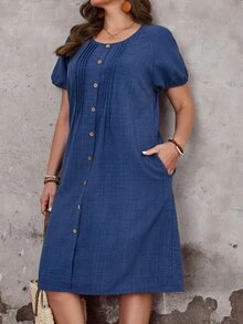 EMERY ROSE Plus Size Women's Summer Dark Blue Boho Vacation Dress,Short Puff Sleeve Single-Breasted Pleated Design Faux Denim Midi Holiday Beach Outfits Fall - Blue - View 7