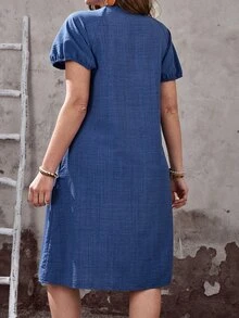 EMERY ROSE Plus Size Women's Summer Dark Blue Boho Vacation Dress,Short Puff Sleeve Single-Breasted Pleated Design Faux Denim Midi Holiday Beach Outfits Fall - Blue - View 3
