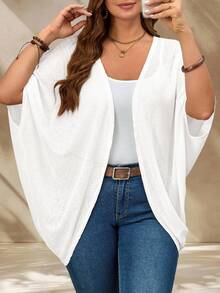 Rosumi Plus Size Vacation Solid Color Asymmetric Hem Batwing Sleeve Casual Jacket,Spring/Summer , Fall - White - View 9
