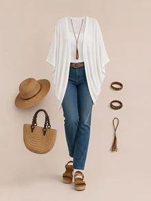 Rosumi Plus Size Vacation Solid Color Asymmetric Hem Batwing Sleeve Casual Jacket,Spring/Summer , Fall - White - View 7