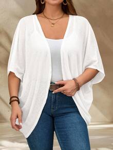 Rosumi Plus Size Vacation Solid Color Asymmetric Hem Batwing Sleeve Casual Jacket,Spring/Summer , Fall - White - View 4