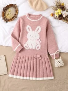 SHEIN Playful Pals 女童毛衣洋裝 甜美可愛 秋冬新款 紅色櫻桃提花 柔軟針織長袖毛衣洋裝 適合女童與嬰兒 時尚百搭 適合節日穿搭 秋冬適用 - 粉色 - 查看 4