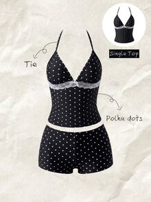 Elavelle Women's Spring/Summer Random Print Spaghetti Strap Lace Bow Tank Bikini Top - Multicolor - View 5