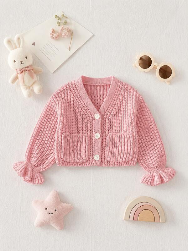 SHEIN 1pc Baby Girl Sweater, Casual Cute Minimalist Style, Soft Pink V-Neck Single-Breasted Symmetrical Double Pocket Ruffle Elastic Cuff Design, Birthday