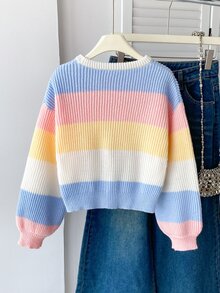 SHEIN 女童秋冬時尚簡約 Y2K 可愛粗針織長袖上衣 性別揭曉告別粉色與白色條紋 - 彩色 - 查看 3