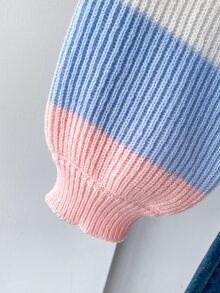 SHEIN 女童秋冬時尚簡約 Y2K 可愛粗針織長袖上衣 性別揭曉告別粉色與白色條紋 - 彩色 - 查看 7