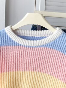 SHEIN 女童秋冬時尚簡約 Y2K 可愛粗針織長袖上衣 性別揭曉告別粉色與白色條紋 - 彩色 - 查看 6