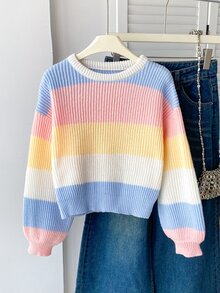 SHEIN 女童秋冬時尚簡約 Y2K 可愛粗針織長袖上衣 性別揭曉告別粉色與白色條紋 - 彩色 - 查看 4