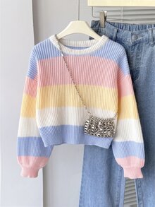 SHEIN 女童秋冬時尚簡約 Y2K 可愛粗針織長袖上衣 性別揭曉告別粉色與白色條紋 - 彩色 - 查看 8