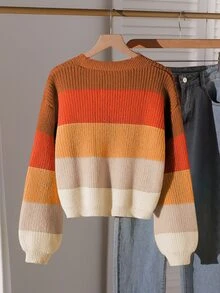 SHEIN 青少年女孩橘色拼色修身針織開襟毛衣，休閒時尚百搭秋冬外套，適合舞會告別派對 - 彩色 - 查看 3