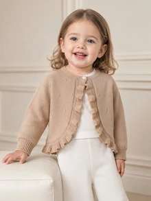 SHEIN Vintaside Kids Baby Girls Cardigans, Infant Girls Knitted Long Sleeve Open Front Sweater, Short Cape Style, Spring And Autumn, Bubble Hem Ruffle Design, Cute, Khaki - Khaki - View 2