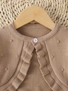 SHEIN Vintaside Kids Baby Girls Cardigans, Infant Girls Knitted Long Sleeve Open Front Sweater, Short Cape Style, Spring And Autumn, Bubble Hem Ruffle Design, Cute, Khaki - Khaki - View 6