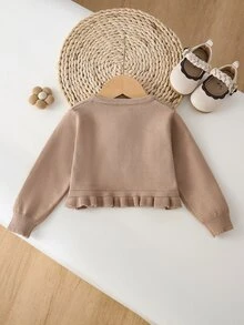 SHEIN Vintaside Kids Baby Girls Cardigans, Infant Girls Knitted Long Sleeve Open Front Sweater, Short Cape Style, Spring And Autumn, Bubble Hem Ruffle Design, Cute, Khaki - Khaki - View 3